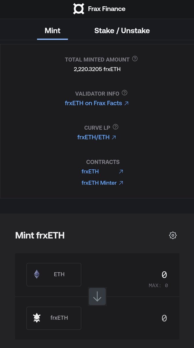 Let me provide a guide on $frxETH staking and explain why it's going to be the most attractive liquid staking derivative around. @fraxfinance recently opened up the minting of $frxETH here: app.frax.finance/frxeth/mint This allows you to stake your $ETH into a Validator ran by Frax.