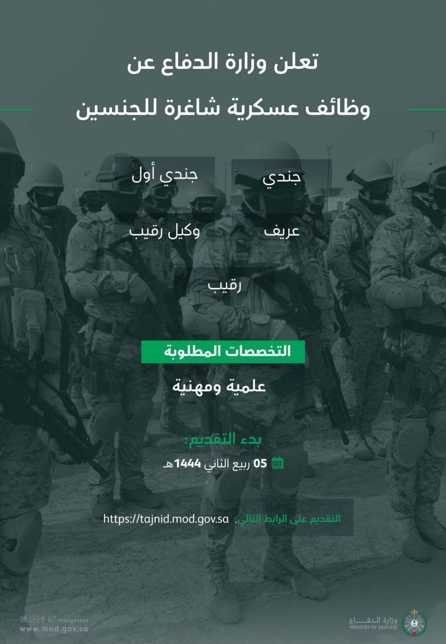 ‏🟢| التقديم متاح الأن

تعلن ‎#وزارة_الدفاع عن فتح باب ‎#التجنيد_الموحد للمرحلة القادمة فى القوات  (البرية، الجوية، البحرية، الدفاع الجوي)

▪️ ينتهى التقديم الخميس القادم
▪️ الرتب : جندى - جندى اول  - عريف - وكيل رقيب
▪️ المؤهل : الثانوية و الدبلوم و البكالوريوس 

دليل المستخدم https://tajnid.mod.gov.sa/Contents/Documents/regTajnid.pdf

الاسئلة المتكررة https://tajnid.mod.gov.sa/Pages/Faq.aspx

للتقديم https://tajnid.mod.gov.sa/Pages/default.aspx

-
