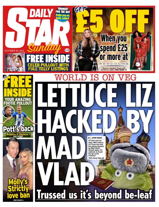 Daily Star Sunday: Lettuce Liz hacked by mad Vlad #TomorrowsPapersToday