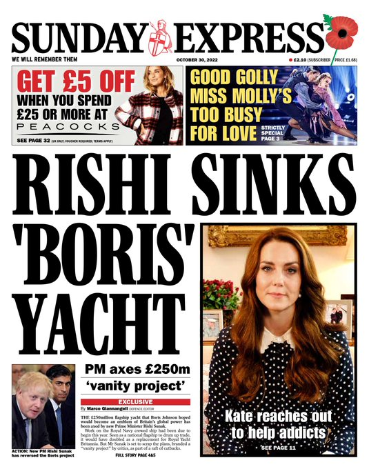 Sunday's Express: Rishi sinks ‘Boris Yacht’ #TomorrowsPapersToday