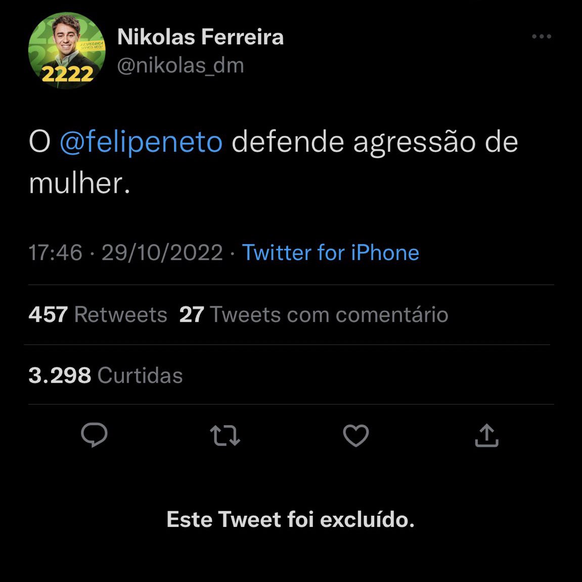 🚨GRAVE: Nikolas Ferreira comete erro gravíssimo ao dizer que Felipe Neto defende agressão de mulher, se referindo a Carla Zambelli. Após novas imagens, o deputado eleito apagou o tweet. O print é eterno. Compartilhem.