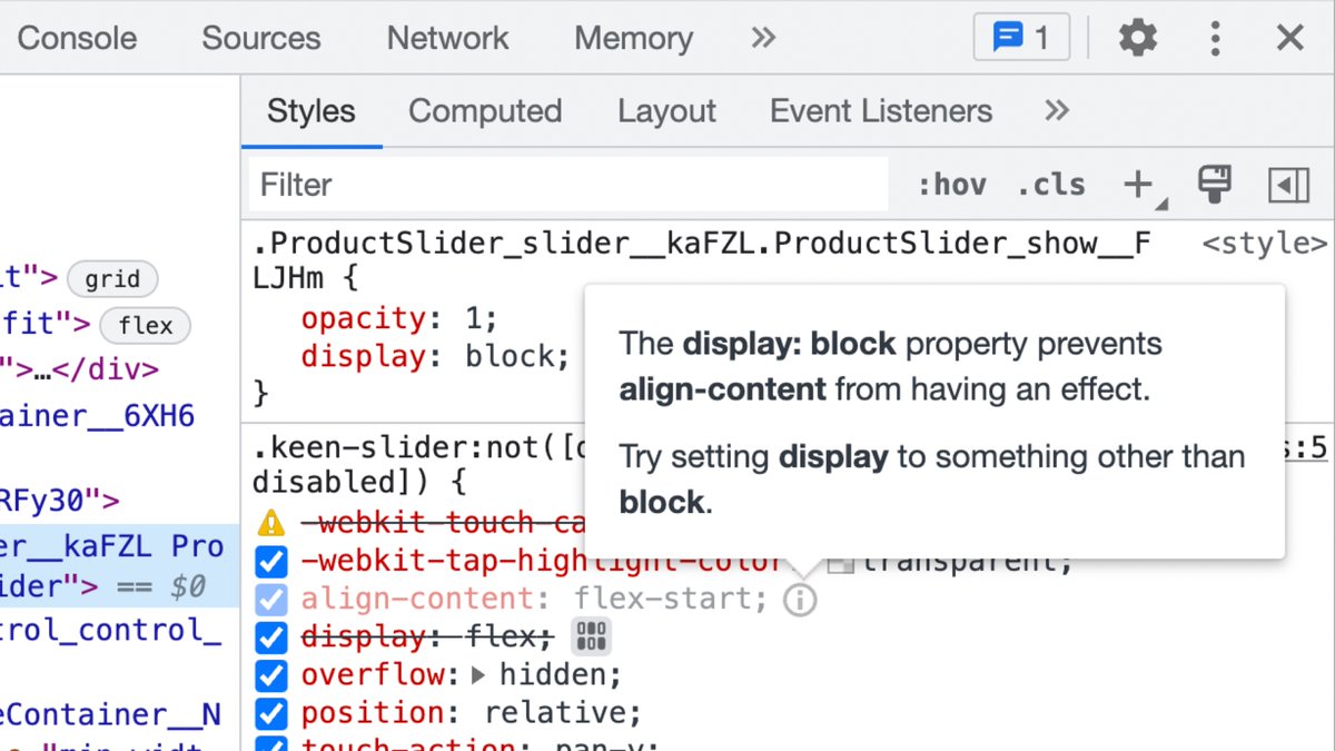 DevTools now shows inactive CSS properties. Hovering explains why the rule has no visible effect. So nice.