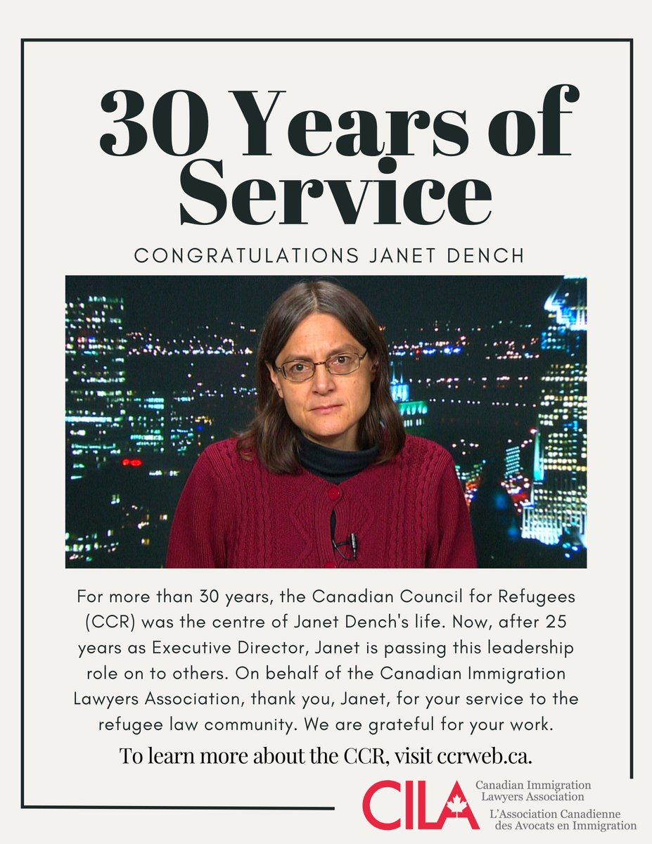 #CILAvoice wishes to commend <a href="/jdench/">Jon Dench</a> for her over 30 years of service to <a href="/ccrweb/">Canadian Council for Refugees</a> and refugee causes. Thank you Janet for positively impacting so many lives. CILA wishes you all the best in the next chapter of your storied career! #cdnimm #refugeeswelcome #immigration #refugees