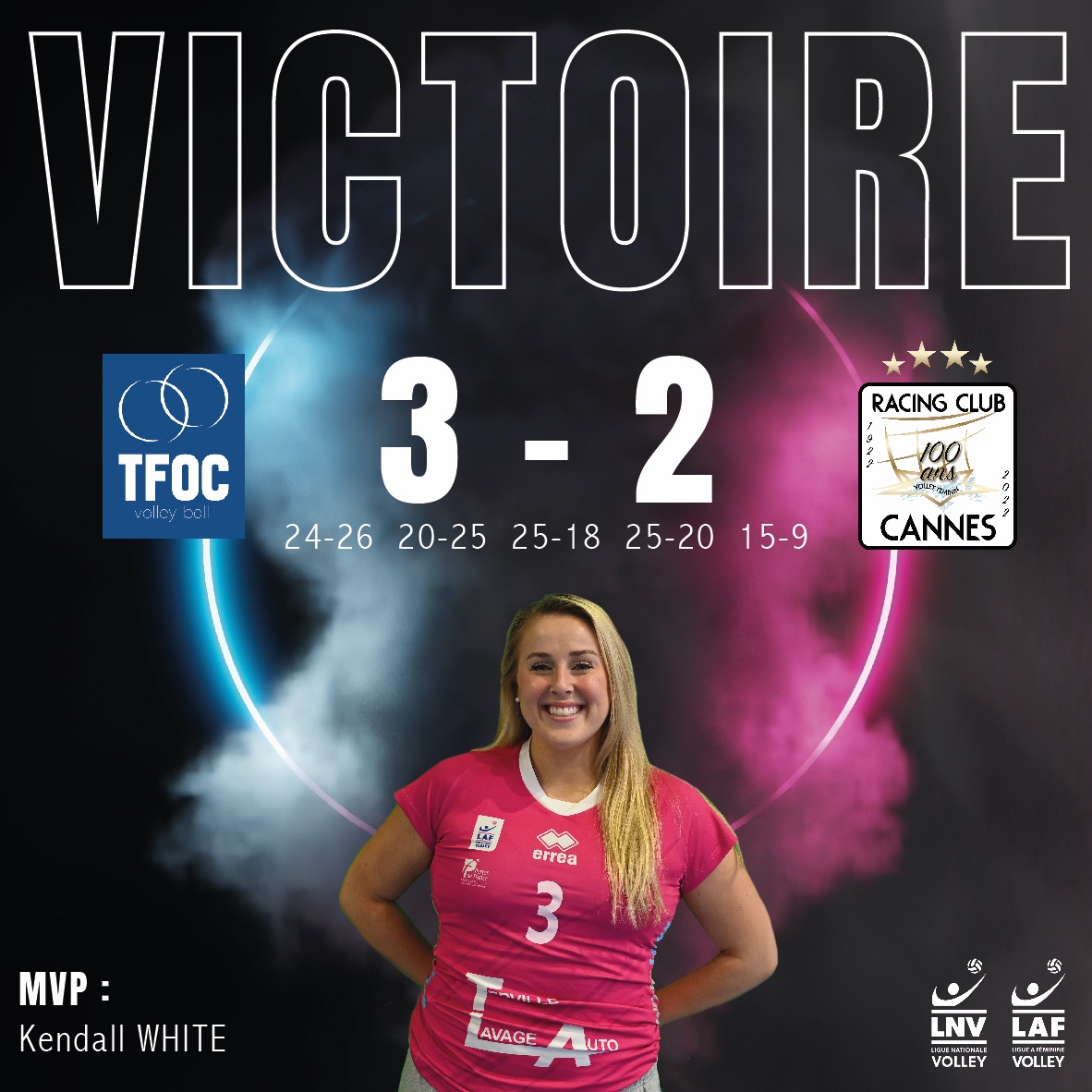GROSSE PERF'🔥du TFOC ce soir face au RC Cannes ! 
Il aura fallu 2h34 pour venir à bout du club le plus titré de France. Chaque équipe aura eu ses temps forts, ses points spectaculaires devant un public en ébullition. Notre libero Kendall White, impériale, est élue MVP.