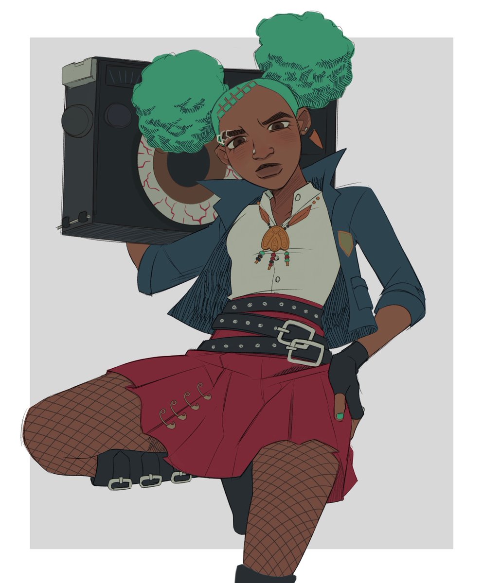 1girl solo dark-skinned female skirt dark skin fishnets green hair  illustration images