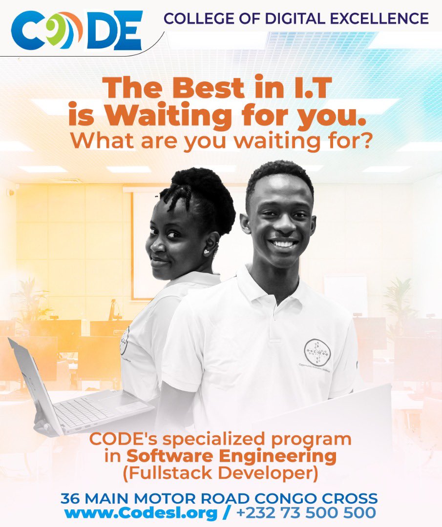 AminKef's tweet image. The best in I.T is waiting you!
#codesl #ictcollege #freetown #sierraleone #education #onlinelearning #degree #digital #flexiblelearning @codeorg @NewsMogul01 @PresidentBio @awokonewspaper @AhonsiBA