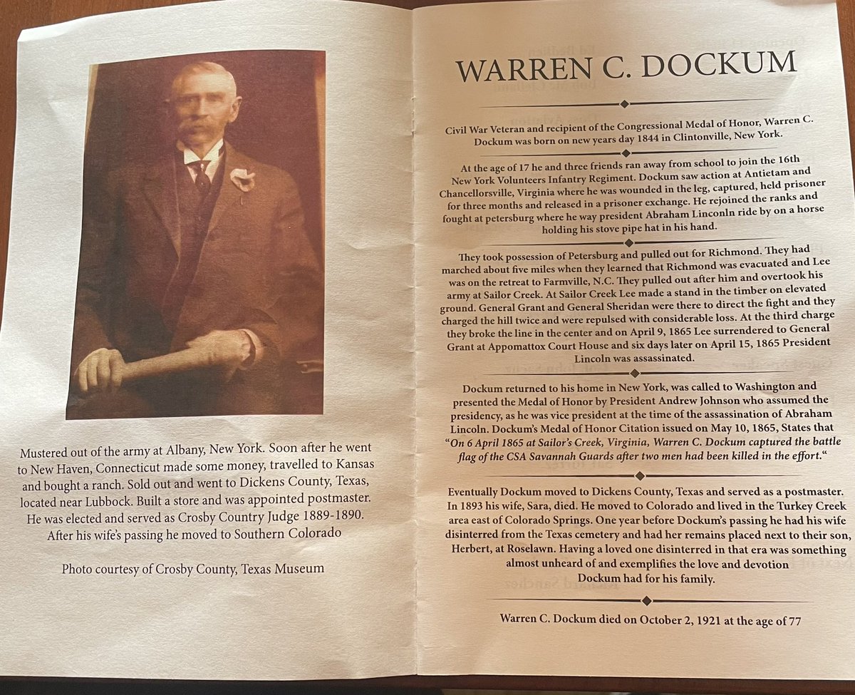 PamAndersonCO's tweet photo. What a moving memorial dedication in Pueblo today of Civil War veteran and Congressional Medal of Honor recipient Warren C. Dockum. Honored &amp; dedicated by his descendants, and local veterans. Roselawn Cemetery #historyrestored  @medalofhonor  #copolitics @LangSias @JohnKellnerCO https://t.co/6wtICnamqe