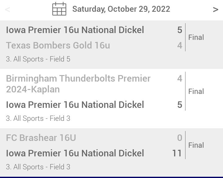 IowaPremierFP's tweet photo. REAL GOOD DAY! for Iowa Premier 16U National @bombers_fp Elite Exposure! Beat 3 Top ranked National level teams, with a LARGE AMOUNT of D1 College Coaches watching all of it!  Looking forward to Tomorrow!  #Gettingourplayersrecruited. #whywearedifferent #ourculture https://t.co/GWCO2sJtsC