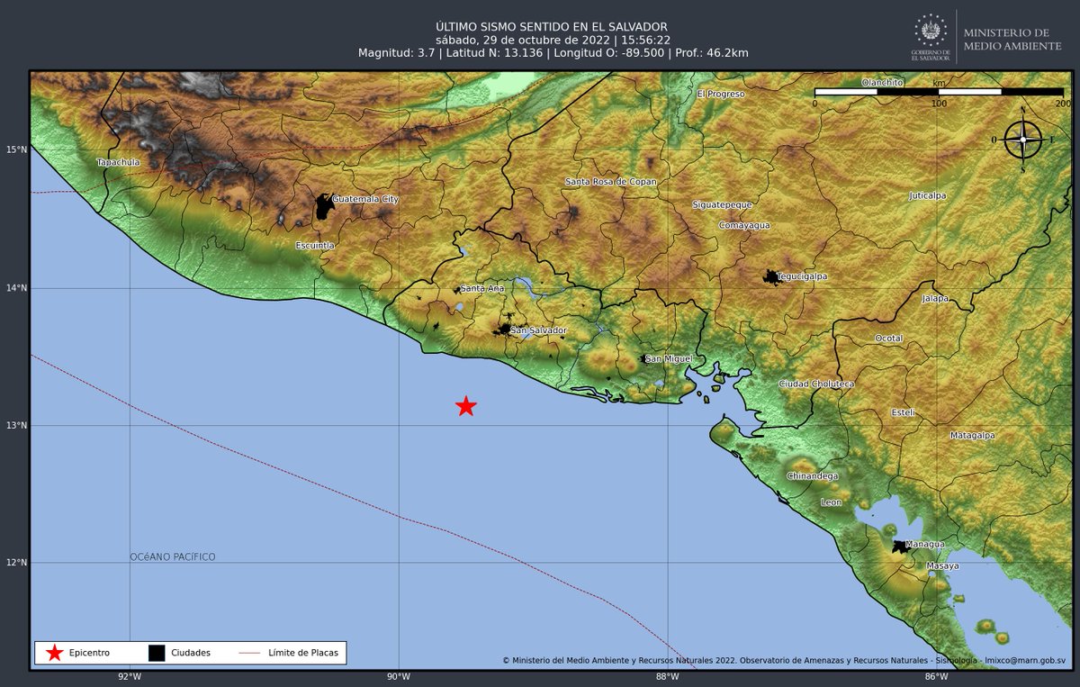 TelenoticiasGMV's tweet photo. #SimoSV | Sismo mag. 3.7, frente a la Costa de La Libertad. A 41.0 km al sur de Playa El Sunzal. Prof. 46 km. [2022-10-29, 15:56:22]

Vía: Ministerio de @MedioAmbienteSV https://t.co/yg2FRfTHzq