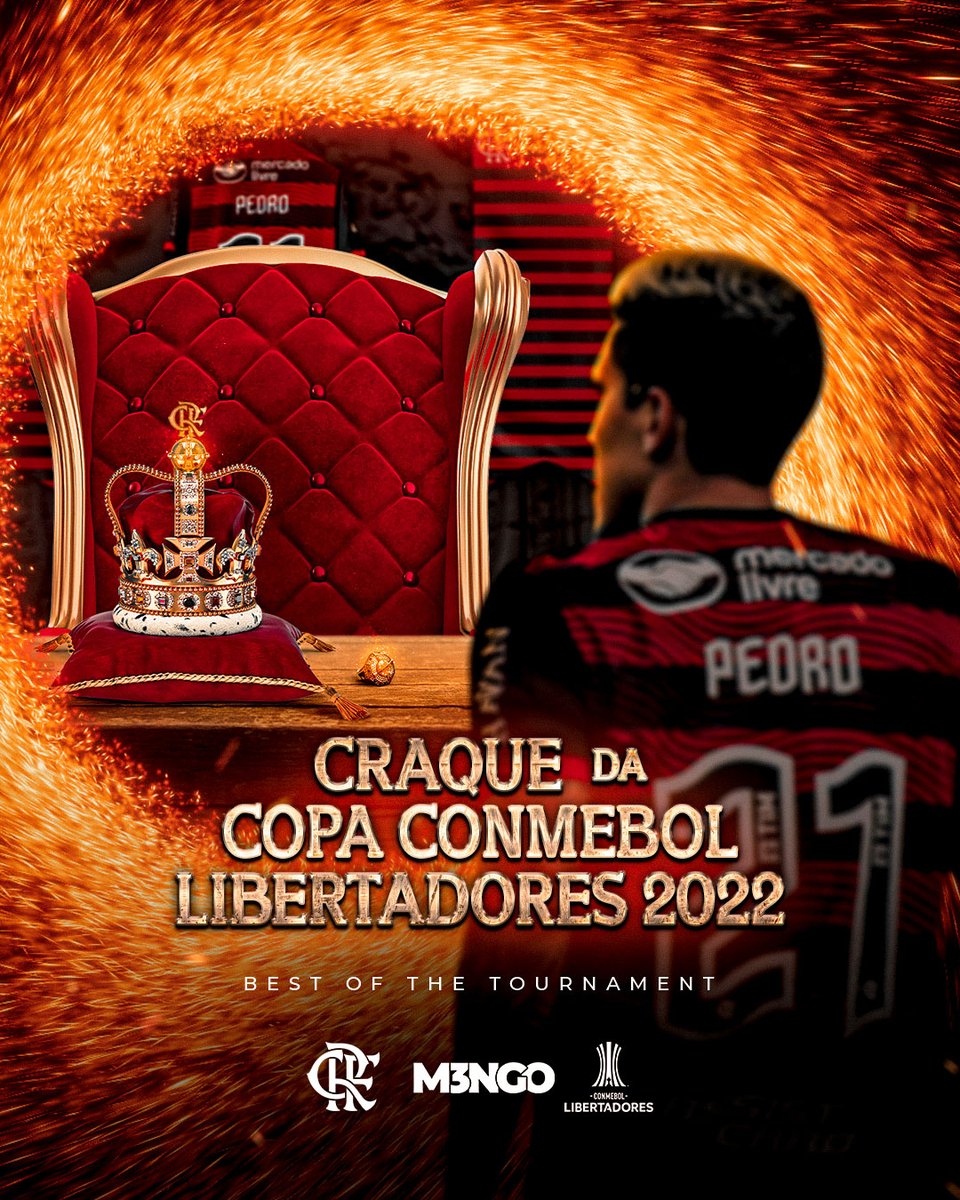 Flamengo's tweet photo. "Impossível? Eu aprendi a não usar essa palavra no meu trabalho."

Realizar o sonho de jogar no time do coração é pouco. Que tal ser artilheiro e levantar a taça da CONMEBOL Libertadores com o Manto? 🤔

A coroa é dele!

PEDRO, CAMPEÃO E REI DA AMÉRICA EM 2022! #M3NGO https://t.co/oDLuyavLBv