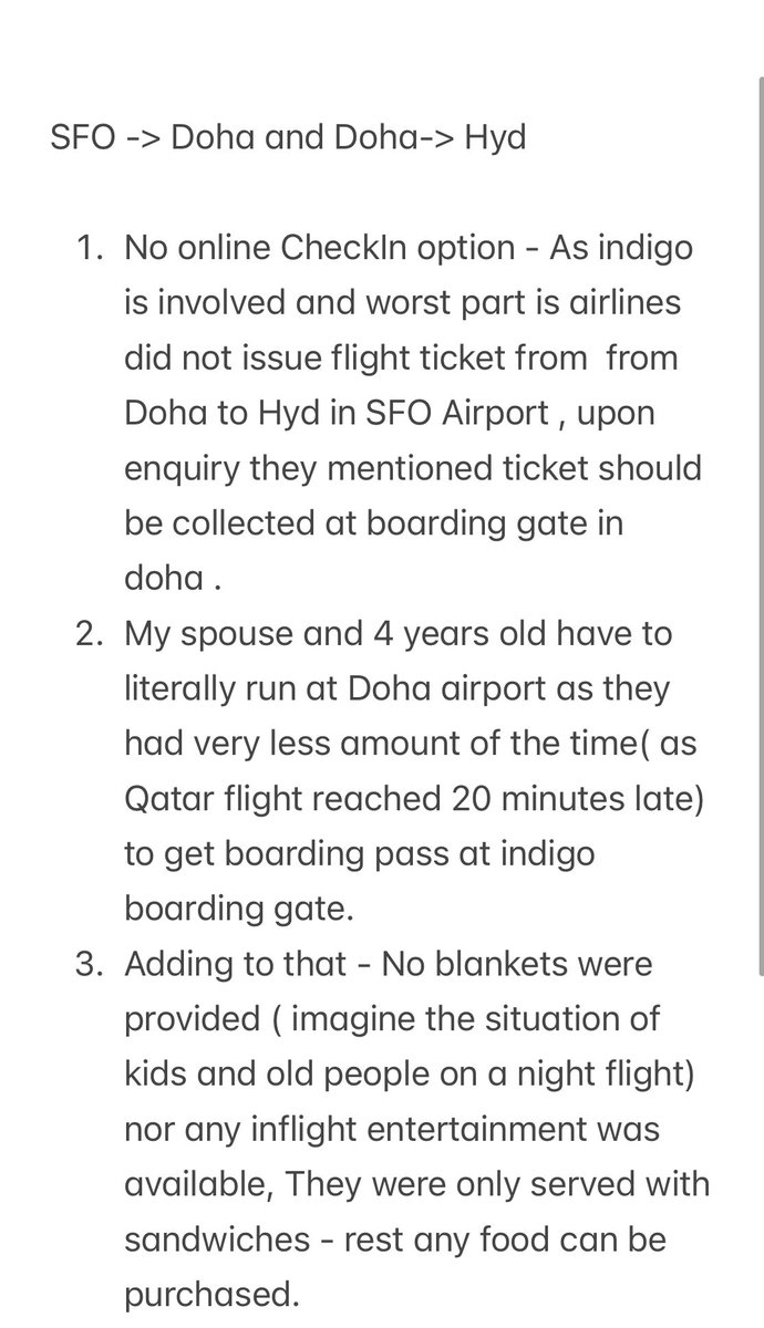 ManusaranReddy's tweet photo. Travel experience from SFO ->Doha ( @qatarairways) and Doha -> Hyd( @IndiGo6E ) - flight has been booked from Qatar website ( it’s been mentioned Qatar and Indigo has handshake agreement for travel), here is my family experience. 
#Indigoairlines #QatarAirways  #badexperience https://t.co/ATLuXNg2We