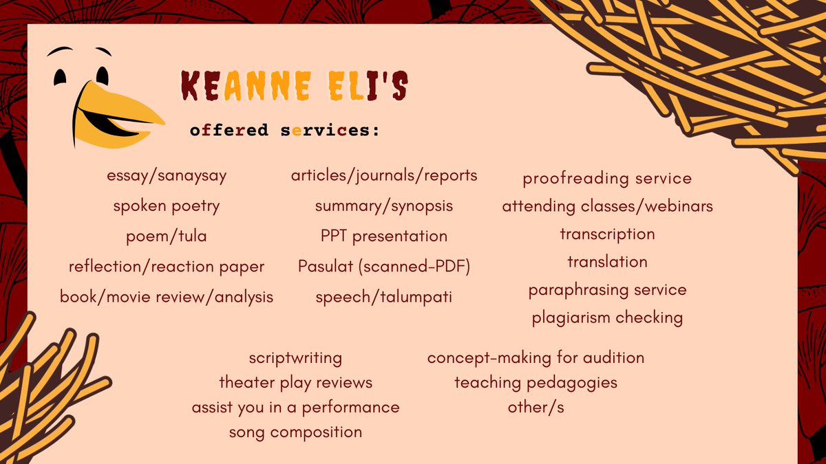 elikeuna_'s tweet photo. CHIRP!🙌 My name is Keanne, but you may call me "ate Kei." If you don't have time and are tired of your heavy workloads, shoot me a DM 📚

⌈a loud 'tiktilaok' by introducing myself, services, terms &amp; conditions, mop, rush fee, &amp; legends' deets⌋

— 🐔refer to #elikeunaproofs ⁛ https://t.co/X4KPzBkxHC
