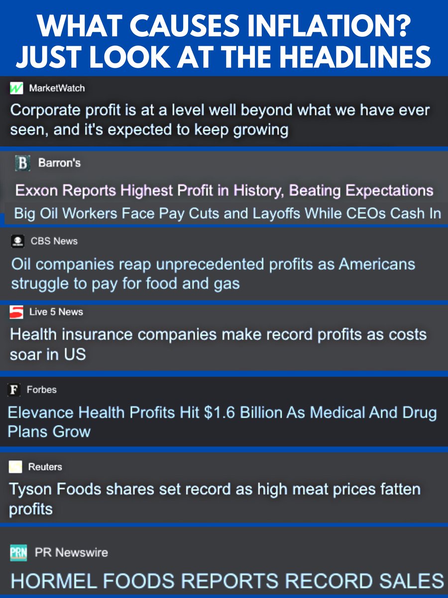There's a lot of data & opinions on the cause(s) of inflation, but if you look at the reporting, you'll see a clear pattern #inflation #profits #Exxon #Tyson #Hormel #food #oil #gas #PriceGouging #corporate #hegemony #CorporateGreed