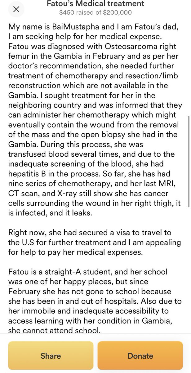 A young Gambian has been diagnosed with osteosarcoma, a type of bone cancer. Please donate to help Fatou access urgent treatment. Link to donate: gofund.me/743f4744
PLEASE SHARE