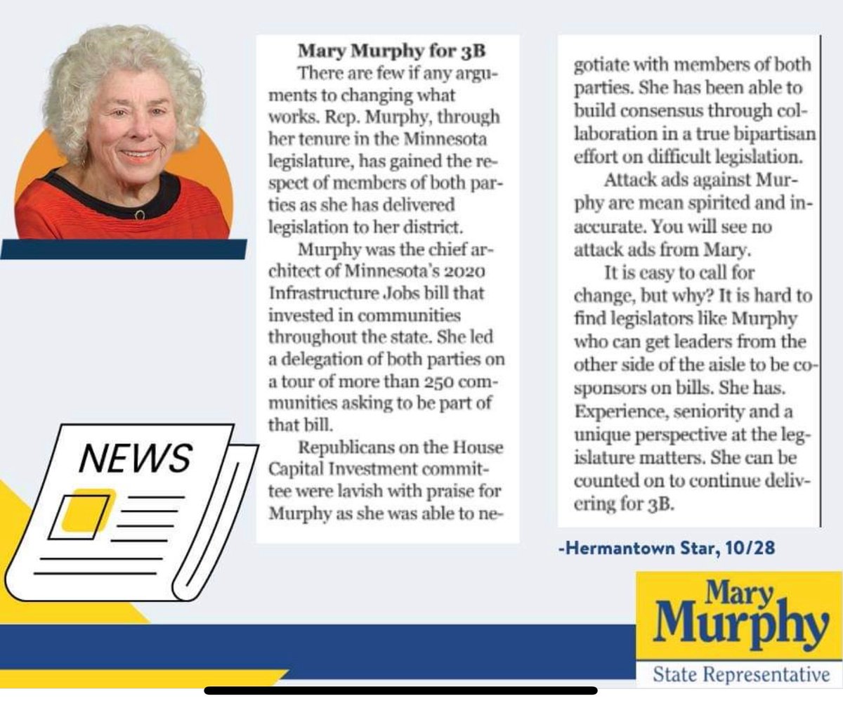 nellep67's tweet photo. Dist. 3B, experience counts. Return Rep. Mary Murphy to St. Paul, she'll continue to get results for Northern Minnesota. Want to vote before Election Day, Nov. 8? Go to https://t.co/NmMu9spic3 for information. #VoteBlueIn202 @electmnhousedfl https://t.co/VyyB1QdVod