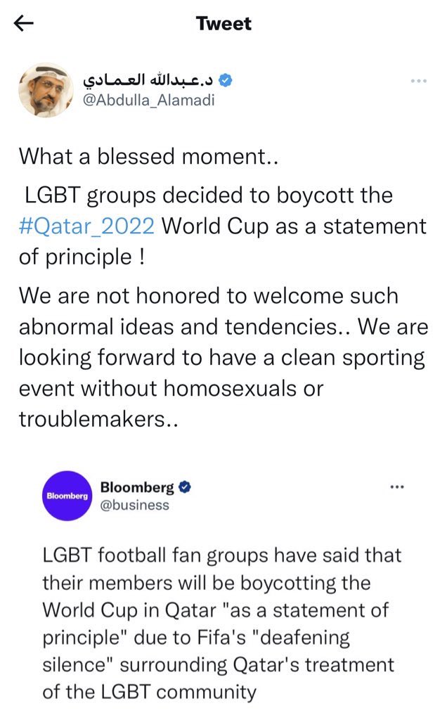 A tweet from a prominent Qatari journalist and columnist who works for Al Jazeera and has 57,000+ followers on a verified account. “Everyone is welcome” at this #FIFAWorldCup, we were told…