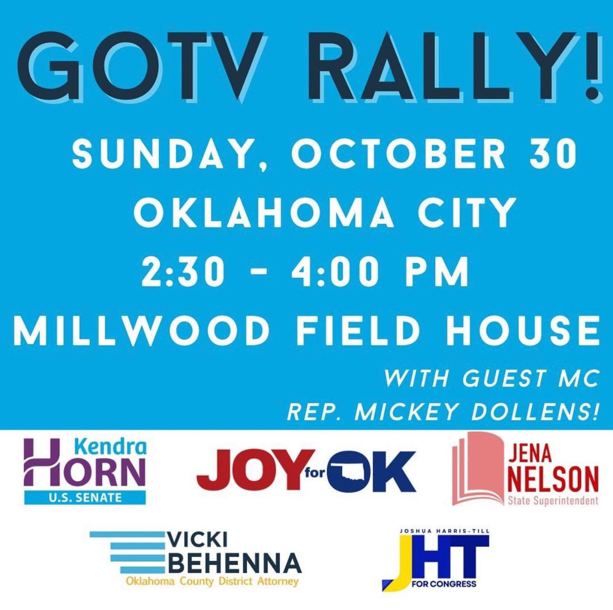 Rep. Mickey Dollens (@mickeydollens) on Twitter photo Join us for the Get Out The Vote Rally
TOMORROW!
Doors will open at 2:00 PM
📍Millwood Field House
We will have notaries so bring your absentee ballot!
See you there!
<a href="/HornForCongress/">Kendra Horn</a> <a href="/joy4ok/">Joy Hofmeister</a> @Jena4OK <a href="/vickiforDA/">Vicki Behenna for District Attorney</a> <a href="/JHarrisTill/">Joshua Harris-Till</a> Join us for the Get Out The Vote Rally
TOMORROW!
Doors will open at 2:00 PM
📍Millwood Field House
We will have notaries so bring your absentee ballot!
See you there!
<a href="/HornForCongress/">Kendra Horn</a> <a href="/joy4ok/">Joy Hofmeister</a> @Jena4OK <a href="/vickiforDA/">Vicki Behenna for District Attorney</a> <a href="/JHarrisTill/">Joshua Harris-Till</a>