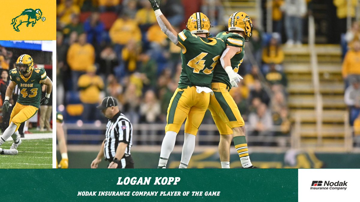 7 tackles and 1 TFL in his first career start. Logan Kopp is the Nodak Insurance Company Player of the Game!