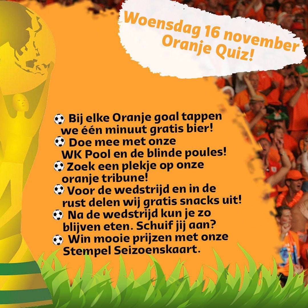 ⚽🏆WK IN DE VOS🏆⚽
We zijn er weer bij en dat is natuurlijk helemaal prima! Nog maar drie weken en dan start het WK voetbal en de Nederlandse wedstrijden volg je natuurlijk in de Vergulde Vos. Tijdens de wedstrijden hebben we leuke acties, mooie menu's en een toffe evenementen!