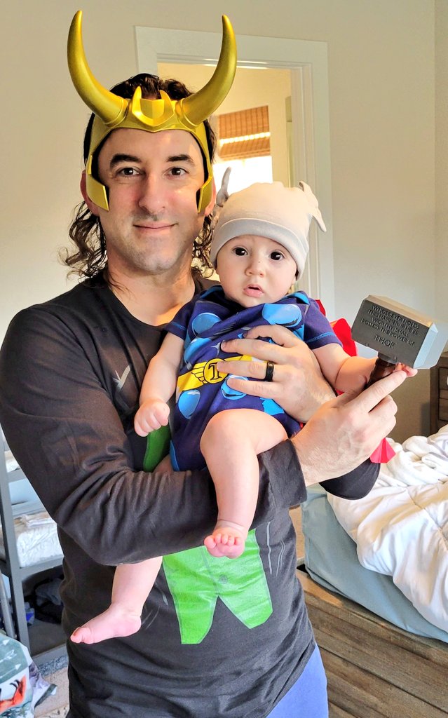 rmackman's tweet photo. In four months this kid has been nothing short of super! Happy Halloween from Thor and Loki (I mean Ryker and the Mackmans). 🎃🦸♂️ #Vote #VoteLoki #Thor #Marvel #Halloween https://t.co/8yCyUKx9vx