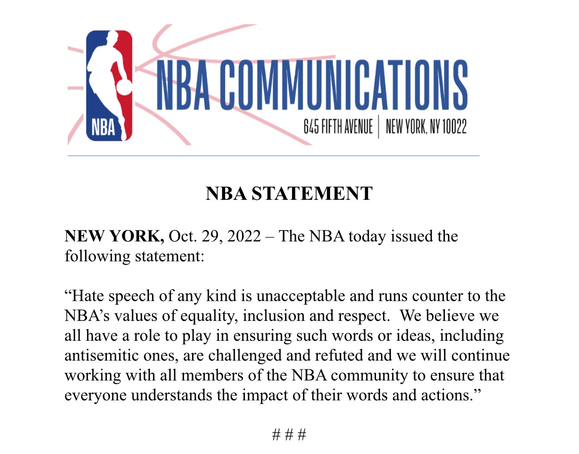 NBAPR's tweet image. The NBA issued the following statement: