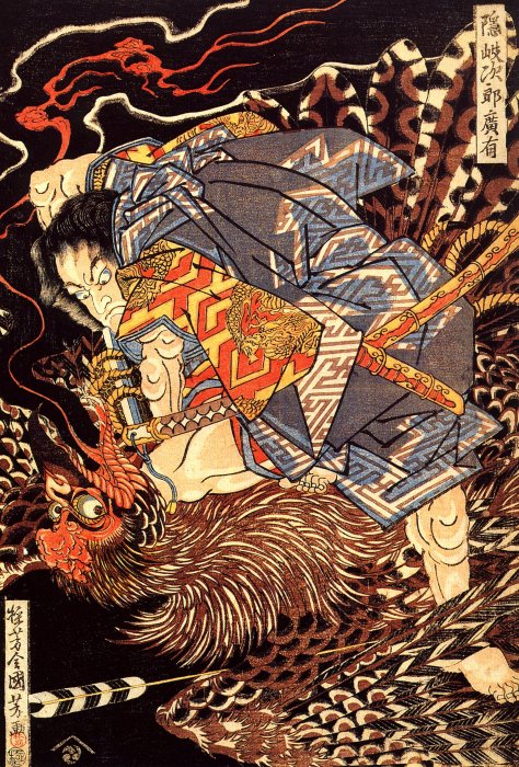 U_Kuniyoshi's tweet photo. Oki Jirô Hiroari (隠岐次郎廣有) killing a huge tengu against a dark background with flames coming from the tengu’s mouth https://t.co/4GC7Xrziji