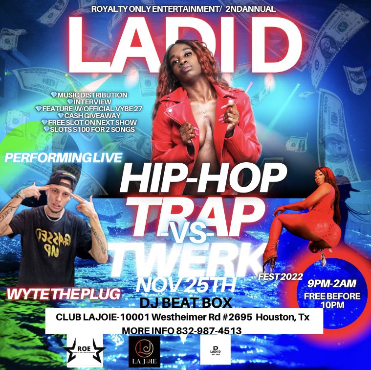 ladidroe's tweet photo. ❤️Play No Gamez Itz Ladi D! 
💪💥💥🔥🔥🔥🔥🔥🔥⭐️🤑
HIP HOP TRAP VS TWERK FEST 2022 
💡If viewing follow us @ladidllc  @lajoieloungehtexas @ro_ent 
 #ladid #ladidllc #inspire #love #roe #instagood #goodvibes #explore #rap #hiphop #ladidroe #fyp #hotnewhiphop #newartist https://t.co/BQLfqLRPhc