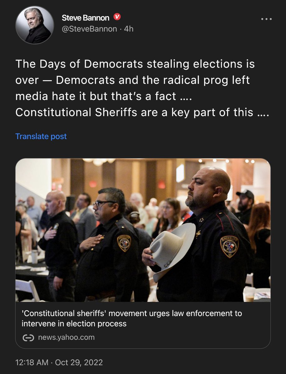 BANNON: 'The Days of Democrats stealing elections is over — Democrats and the radical prog left media hate it but that’s a fact...Constitutional Sheriffs are a key part of this...'