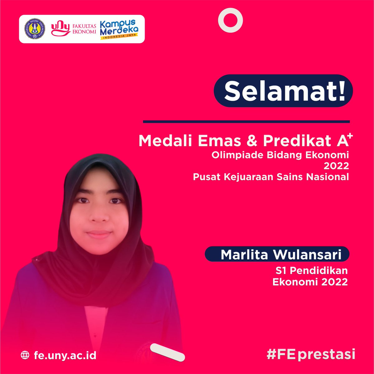febunyofficial's tweet photo. Marlita Wulansari, dari Prodi Pendidikan Ekonomi angkatan 2022 meraih Medali Emas dan predikat A+ dalam Olimpiade Sains Pemuda Indonesia 2022 yang diadakan Pusat Kejuaraan Sains Nasional (PUSKANAS) kategori Bidang Ekonomi jenjang Perguruan Tinggi.
#FEprestasi #FEbright #FEUNY https://t.co/eww2HKKuG6
