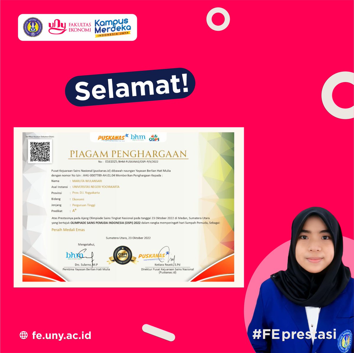 febunyofficial's tweet photo. Marlita Wulansari, dari Prodi Pendidikan Ekonomi angkatan 2022 meraih Medali Emas dan predikat A+ dalam Olimpiade Sains Pemuda Indonesia 2022 yang diadakan Pusat Kejuaraan Sains Nasional (PUSKANAS) kategori Bidang Ekonomi jenjang Perguruan Tinggi.
#FEprestasi #FEbright #FEUNY https://t.co/eww2HKKuG6
