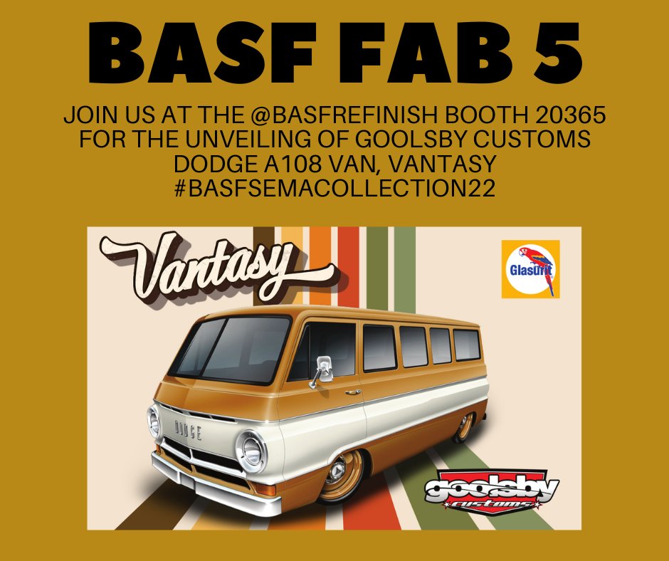 Stop by the #basfrefinish booth 20365 at #SEMA to see the #basffab5! Tune in this week as we preview the collection! First up, is the Vantasy - a Dodge A108 van from Goolsby Customs. #BASFSEMACollection22 #BASFFamily #BASFRefinish