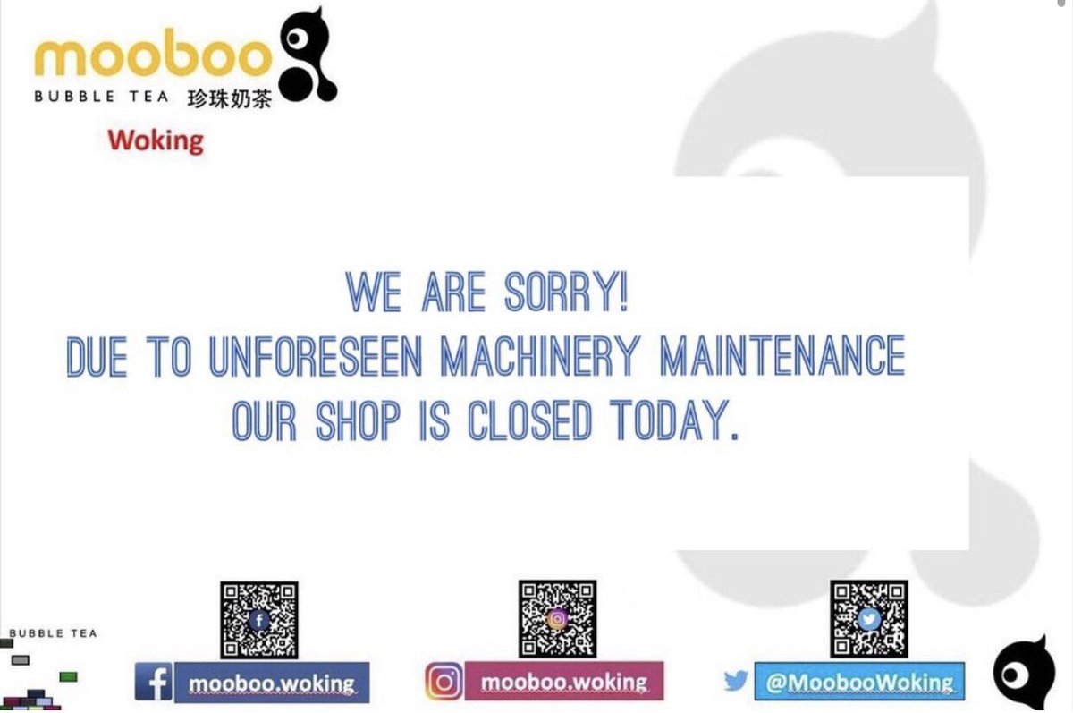 MoobooWoking's tweet photo. Sorry we are closed today!

Due to unforeseen machinery maintenance, our shop is closed today. We will keep you update on the progress. https://t.co/9dDUg7tAHB