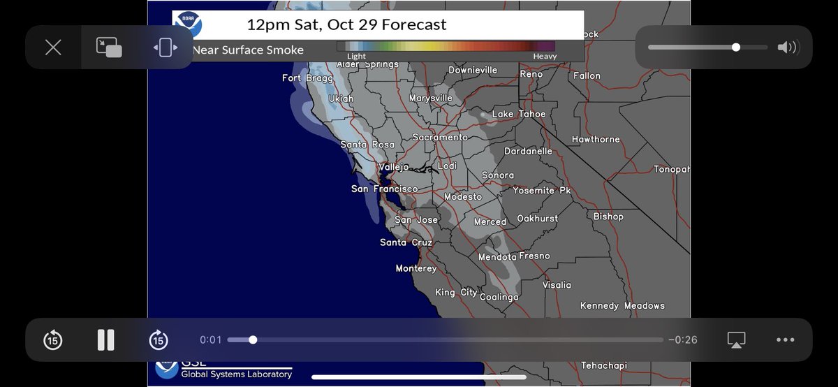 Wondering where the smoke is coming from? We checked out the @NWSBayArea Experimental Smoke Models and it’s being pushed south from from up north. @CALFIRELNU also tweeted and confirmed no fire locally.