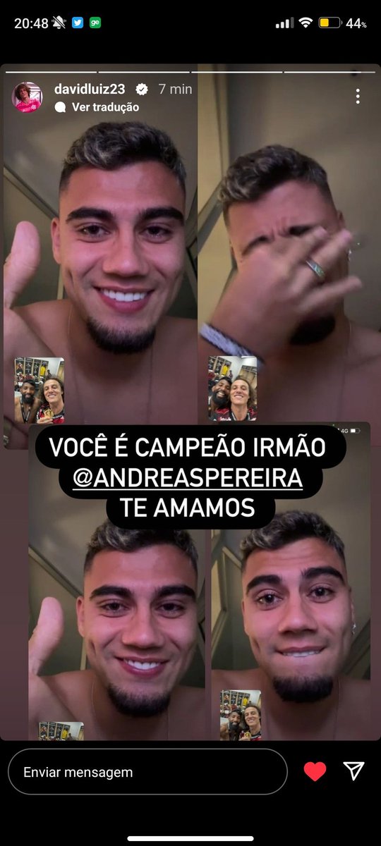 venecasagrande's tweet photo. David Luiz e Rodinei fizeram uma chamada de vídeo com Andreas Pereira, que atuou pelo Flamengo na Libertadores esse ano:

"Você é campeão, irmão. Te amamos." https://t.co/weojfDIPmI