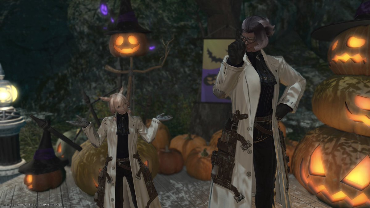 Wilted_Juniper's tweet photo. Halloween time in Eorzea, I’m not one for parties but I liked matching with Mivi.. (she got me to cheer up for the picture) https://t.co/UFk1BQJAv3