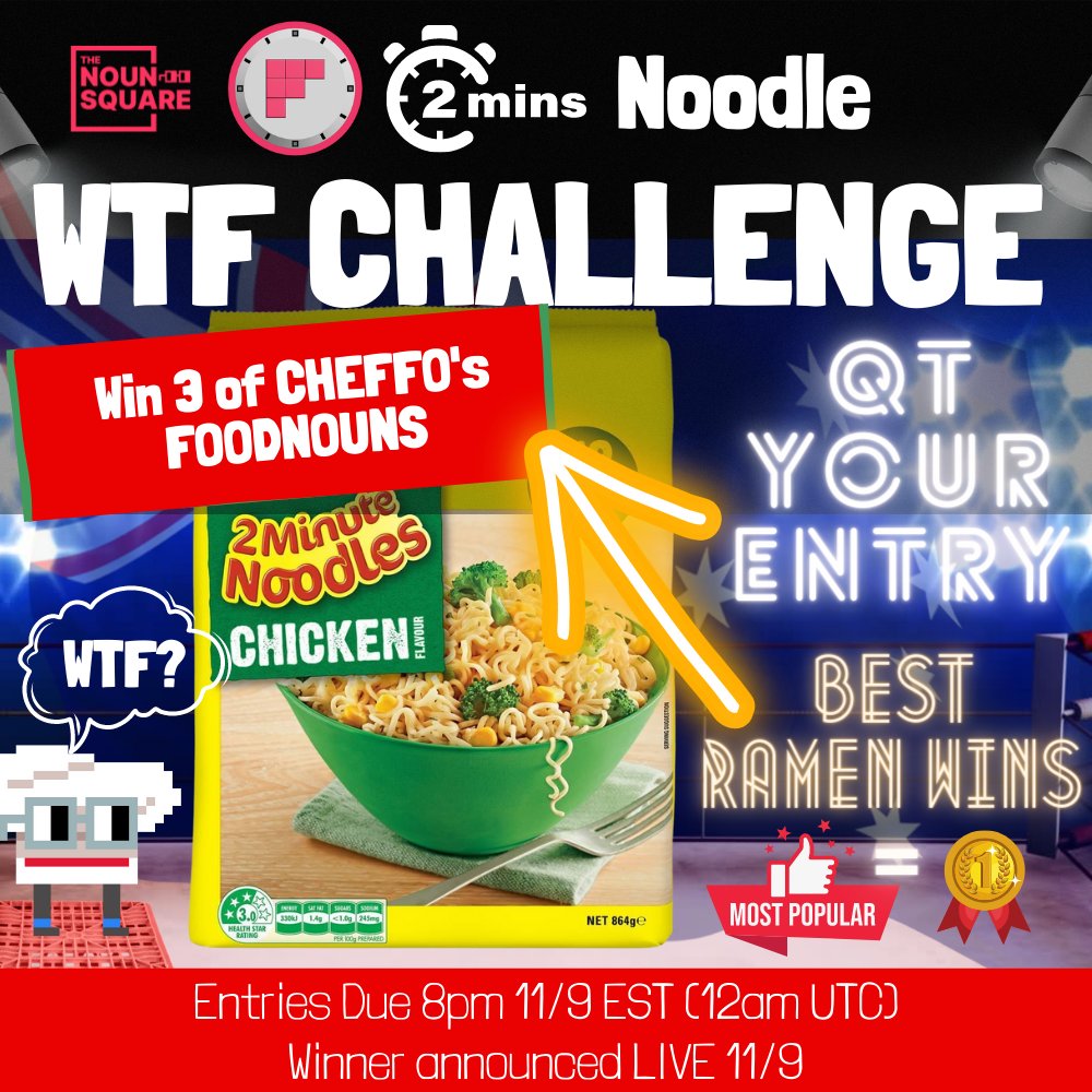 :alert:  NEW CONTEST ALERT!

1. Follow @foodnounoclock and <a href="/foodnouns/">FOODNOUNS DAO ⌐◨-◨</a>
2. Make Ramen noodles
3. Quote Tweet your ramen dish to this tweet

3 Best Ramen's win FOODNOUNS! 
Entries due by 11/09 at 8pm.