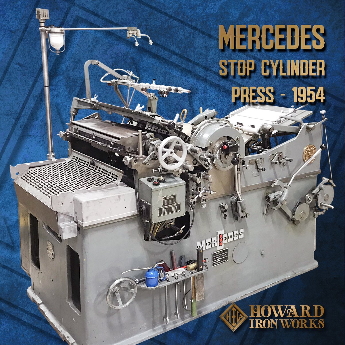 HowardIronWorks's tweet photo. Our #Mercedes, which we imported from #Belgium in 2014, manufactured by the Nederlandsche Snelpersenfabriek N.V. of #Amsterdam, is a very rare find. With three suction bars (2 for feeding, 1 for delivery), the Mercedes makes quite a statement when in operation. #DutchMade https://t.co/j9SMq2l99K
