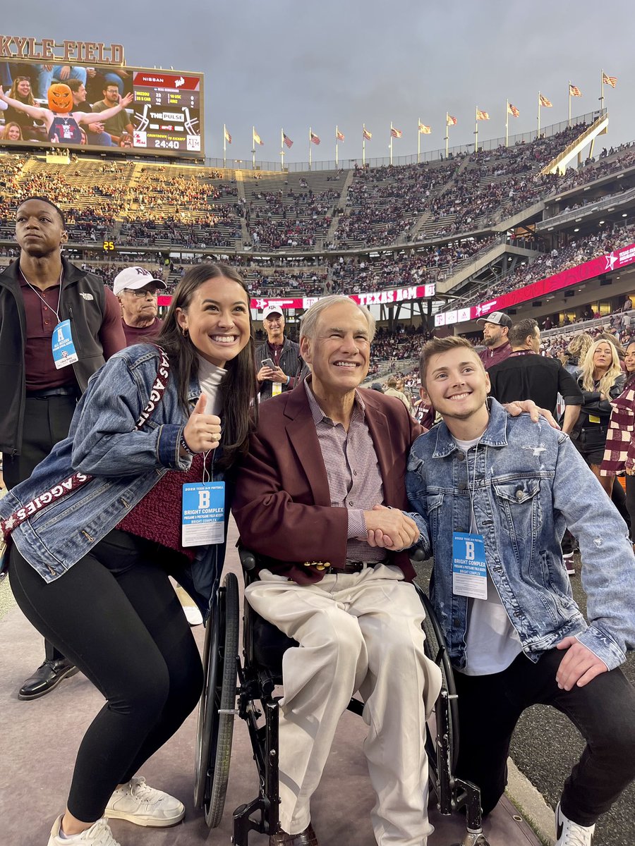 GregAbbott_TX's tweet photo. Great to be in College Station tonight for @AggieFootball’s game against Ole Miss.

#GigEm https://t.co/pLQQEWTDgW