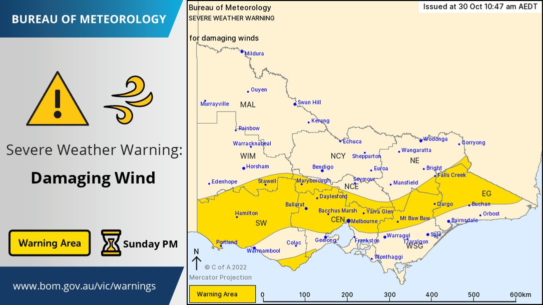 ⚠️ Severe Weather Warning for Damaging winds ⚠️ Northerly winds are forecast to increase later today, peaking overnight tonight before easing Monday morning. Wind gusts up to 110km/h are possible. Latest warnings: ow.ly/S7ZB50LoVNy @vicemergency @vicsesnews