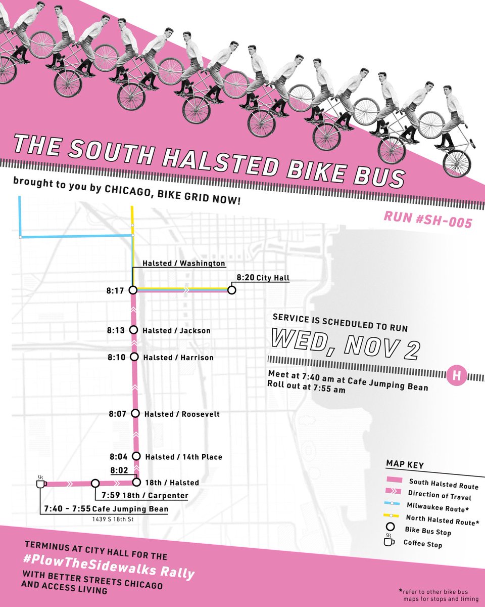 We are excited to partner with <a href="/chi_streets/">Better Streets Chicago</a> and <a href="/AccessLiving/">Access Living</a> for the #PlowTheSidewalks rally and day of action on Wednesday, November 2nd. Hop on one of our morning Bike Buses to City Hall and demand safe and accessible ways to get around Chicago. Donut and coffee included!