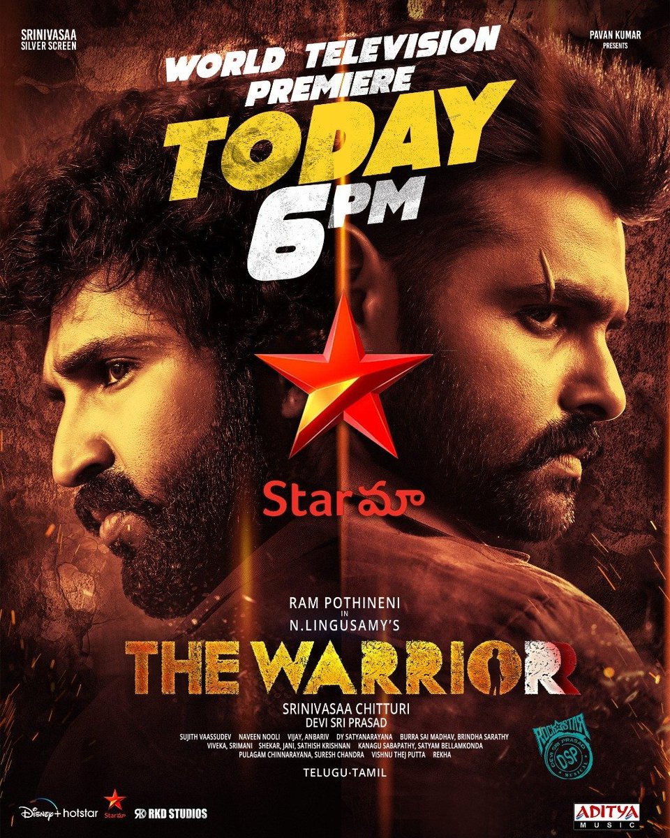 Only Few Hours to go! To Witness the Action Entertainer #TheWarriorr on small screens with your Family 🔥 World Television Premiere Today at 6️⃣ : 0️⃣0️⃣ PM on @StarMaa 💥 @RamSayz @AadhiOfficial @dirlingusamy @ThisisDSP @IamKrithiShetty @SS_Screens @adityamusic @masterpieceoffl