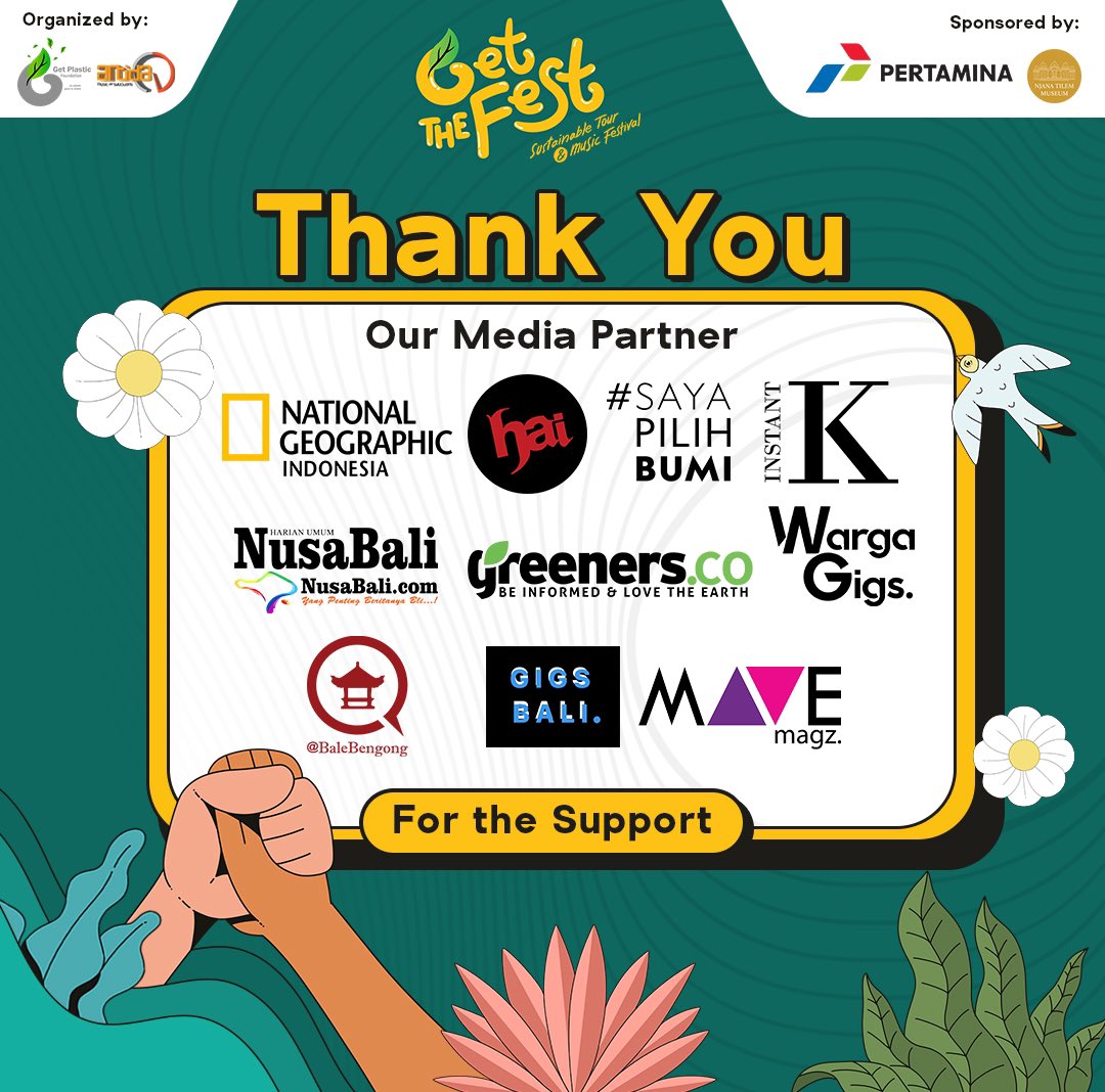 Untuk media partner Get The Fest,

Kami ucapkan terima kasih atas supportnya untuk kampanye Tur &amp; Festival Get The Fest!!

See you in another festivals☀️☀️
#LessPlastic
#MoreEnergy