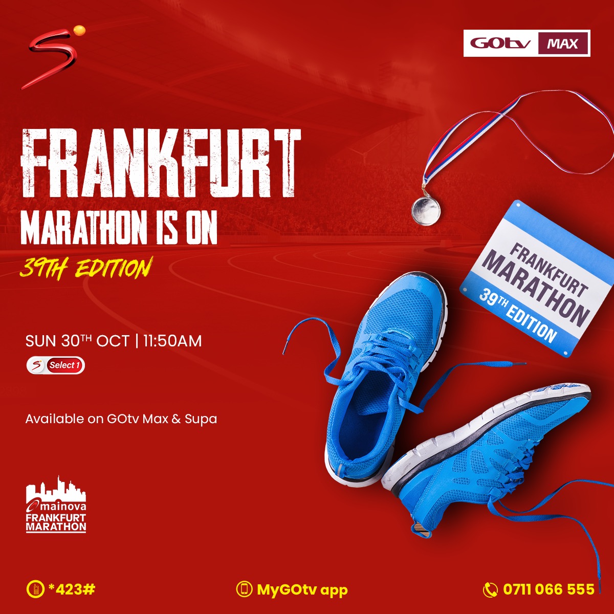 The race starts at Friedrich-Ebert-Anlage at the Messeturm expo tower. 

Watch the #FrankfurtMarathon on Ch. 33 at 11:50am

Download #MyGOtvApp or Dial *423# to buy, pay, reconnect, or clear error codes.