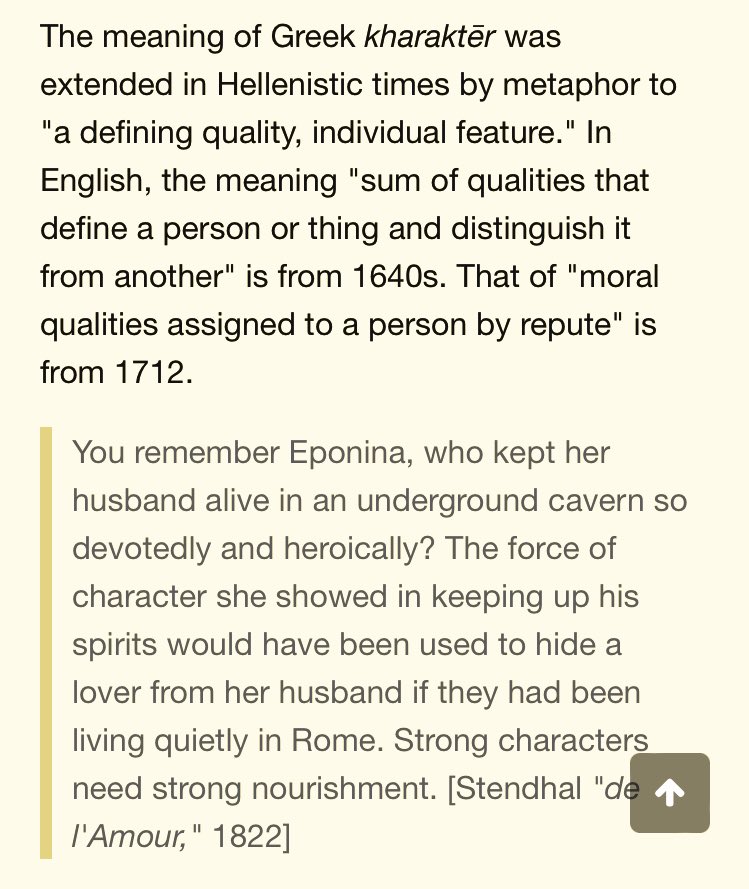 SouthernGemGal's tweet image. The meaning of Greek kharaktēr was extended in Hellenistic times by metaphor to "a defining quality, individual feature." In English, the meaning "sum of qualities that define a person or thing and distinguish it from another" is from 1640s.