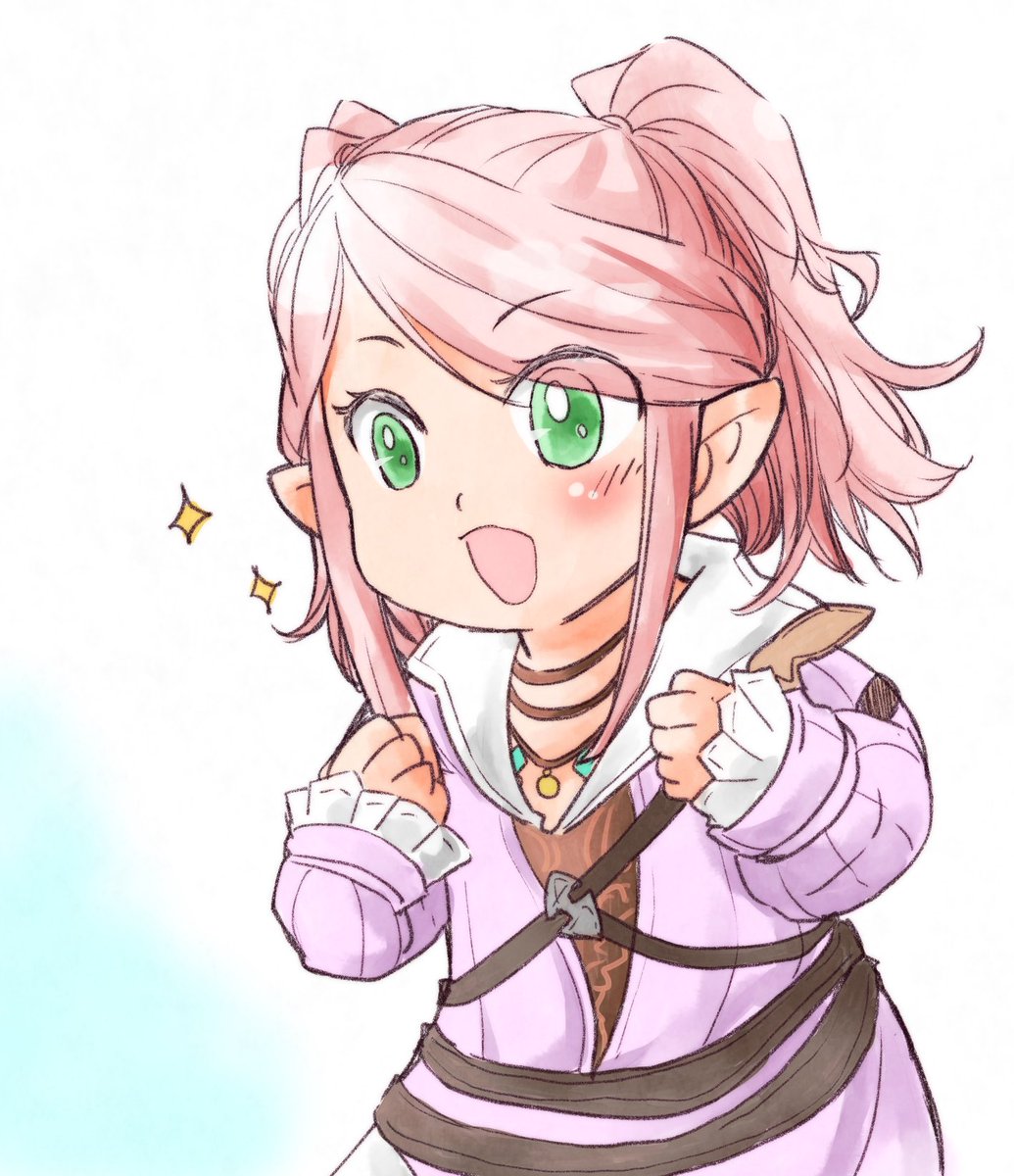 1girl solo lalafell green eyes pink hair pointy ears open mouth  illustration images