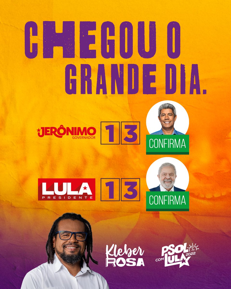 KleberRosa50's tweet photo. É hora de acabar com o carlismo na Bahia e com o bolsonarismo no Brasil. Vamos de 13 sem medo!✊🏿

#psolcomlula #lula2022 #forabolsonaro #jerônimo13 https://t.co/BgdhPGMfNA