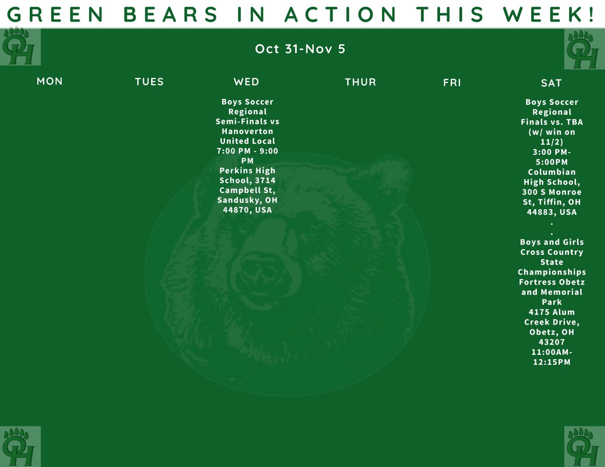 Regionals for Boys soccer and States for Boys and Girls cross country this week! Let's go Bears!

jhhs.ohschools.org/athletics/cale…

<a href="/OHillsFootball/">Ottawa Hills Football</a> <a href="/oh_girlssoccer/">Ottawa Hills Girls Soccer</a> <a href="/OHillsSoccer/">Ottawa Hills Soccer</a> <a href="/ottawahillsxc/">OttawaHillsXC</a> <a href="/GreenBearSports/">OH Athletics</a> <a href="/HillsBarstool/">OTTAWA HILLS BARSTOOL</a>
<a href="/ohschools/">Ottawa Hills Local Schools</a> <a href="/thegreenbearrr/">the big bear on campus</a>
<a href="/AdamFineske/">Adam Fineske</a> <a href="/OHHSPrincipal/">Benjamin McMurray</a>