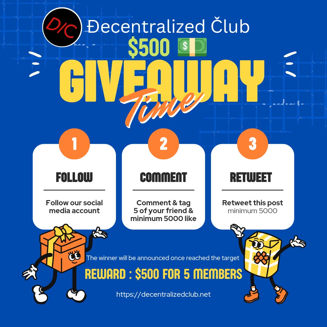 DC - Giveaway 
$500 🎁 for 5 members 

🚨 RULES : Minimum Like &amp; Retweet 5000 🔐 

1⃣ Like &amp; Retweet
2⃣ Tag 5 friends
3⃣ Comment

#crypto #bitcoin #cryptocurrency #blockchain #NFTs #AMA #MetaverseNFT #Web3 #Gamefi