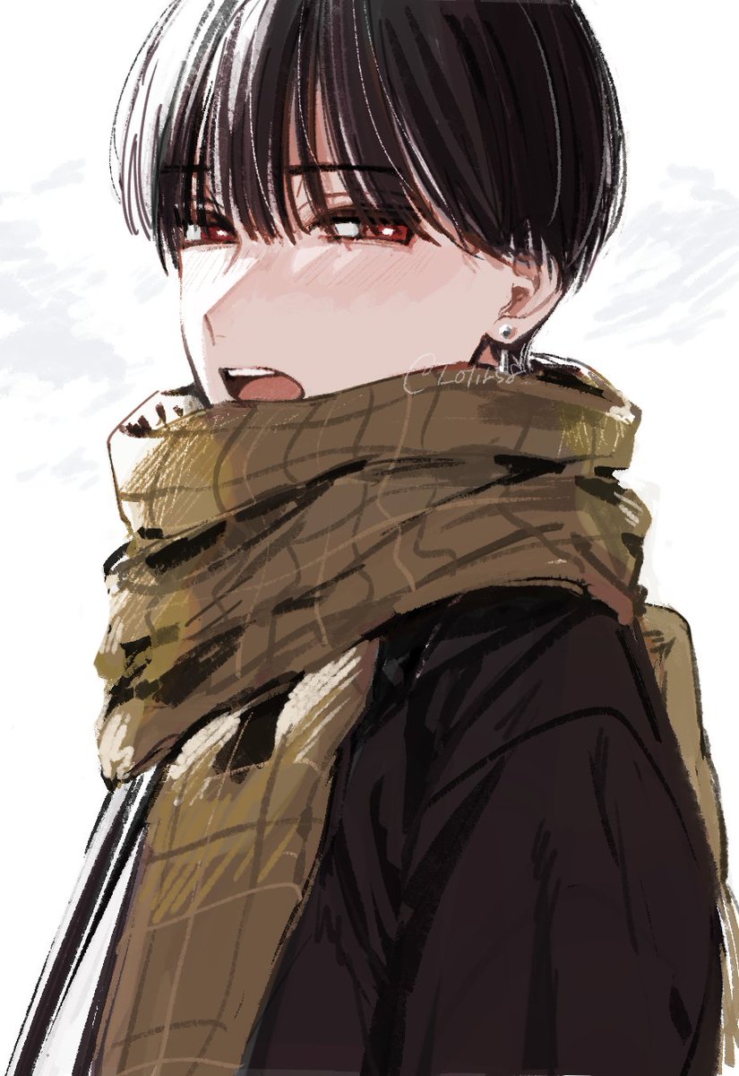 scarf solo 1boy male focus white background open mouth black hair  illustration images