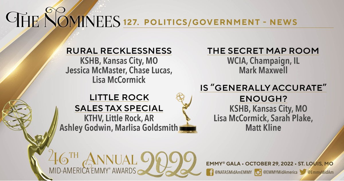 emmymidam's tweet photo. For Government/Political News, this year's Mid-America EMMY Award is given to @THV11's Ashley Godwin and Marlisa Goldsmith! #EMMYMidAm https://t.co/OEZNMT2zIU